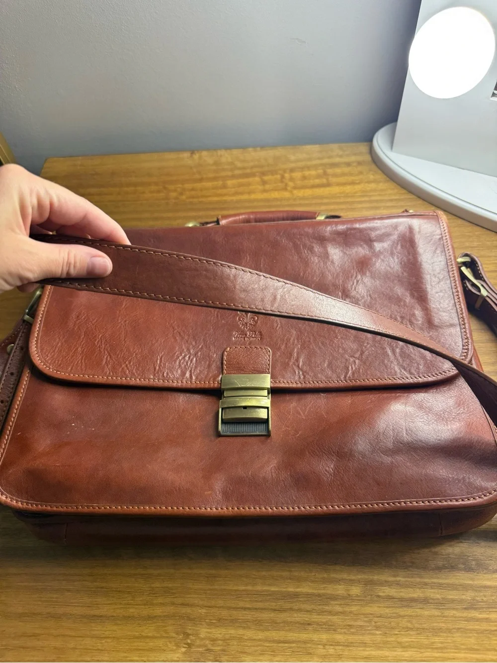 Italian Leather Briefcase, Made In Italy, Cognac Brown Messenger Bag